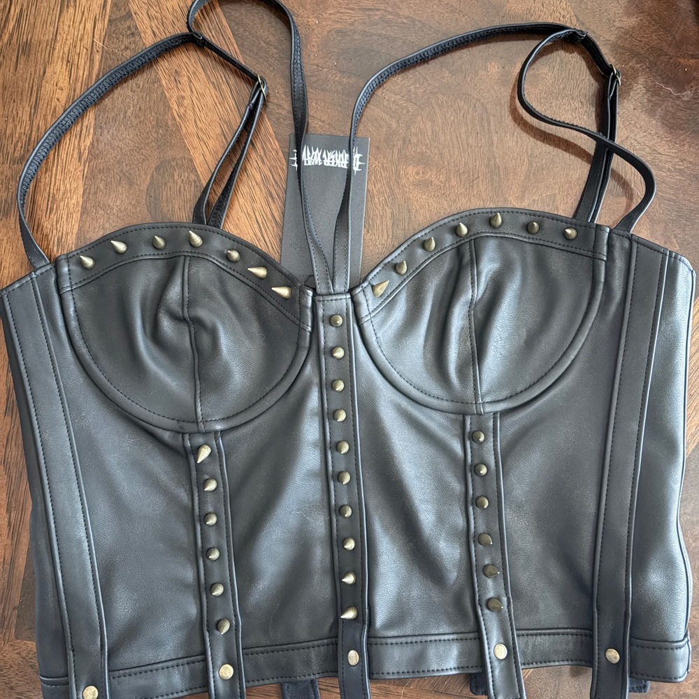 Dolls kill darker wavs black studded leather corset bustier